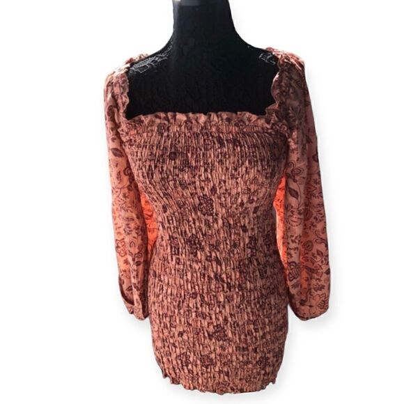 Free People Women’s Dress Rust Peach Copper Mini Elastic Ruffle Big Sleeves Bow - Picture 2 of 5